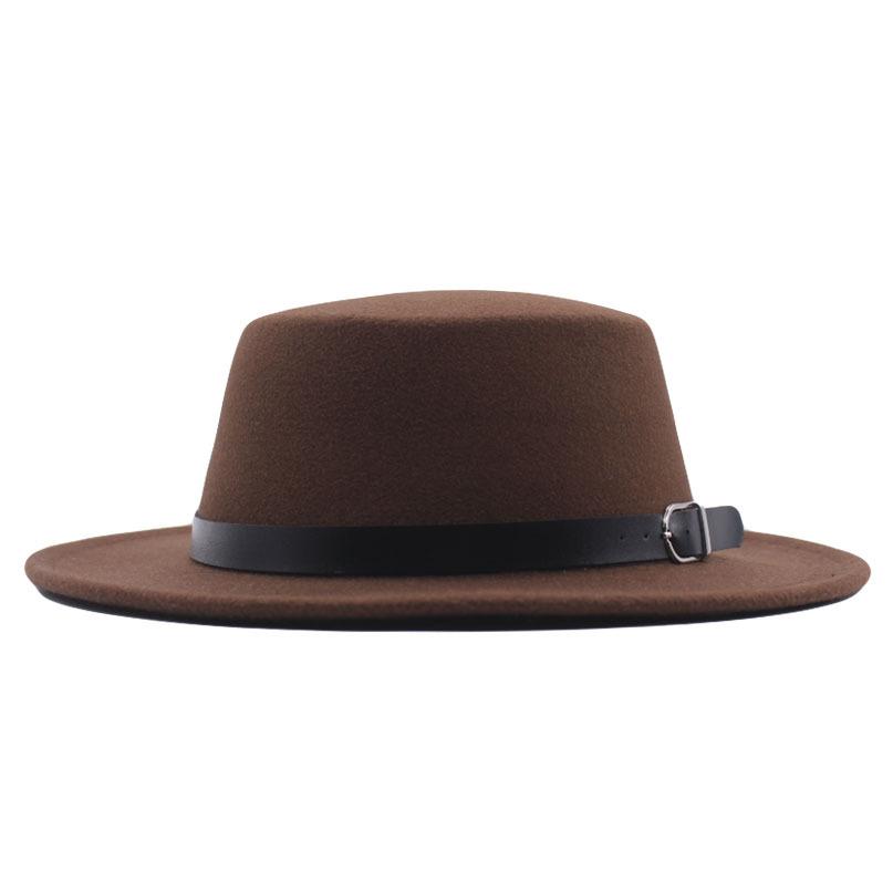 European and American new flat-brimmed flat-top hat woolen top hat women's fashion black belt jazz hat Panama hat