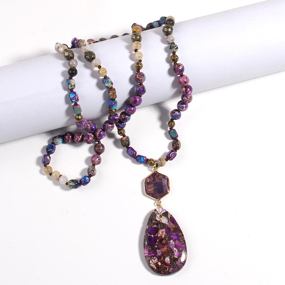 Stylish Bohemian Multi-colored Emperor Stone Knotted Necklace Hexagonal and Water Drop Pendant Necklace