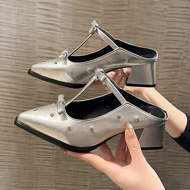 

Evening Wind Bag Head Half Slippers Temperament Pointed Head French Rhinestone Spring Bow Outer Wear Muller Shoes No 35 серебряный