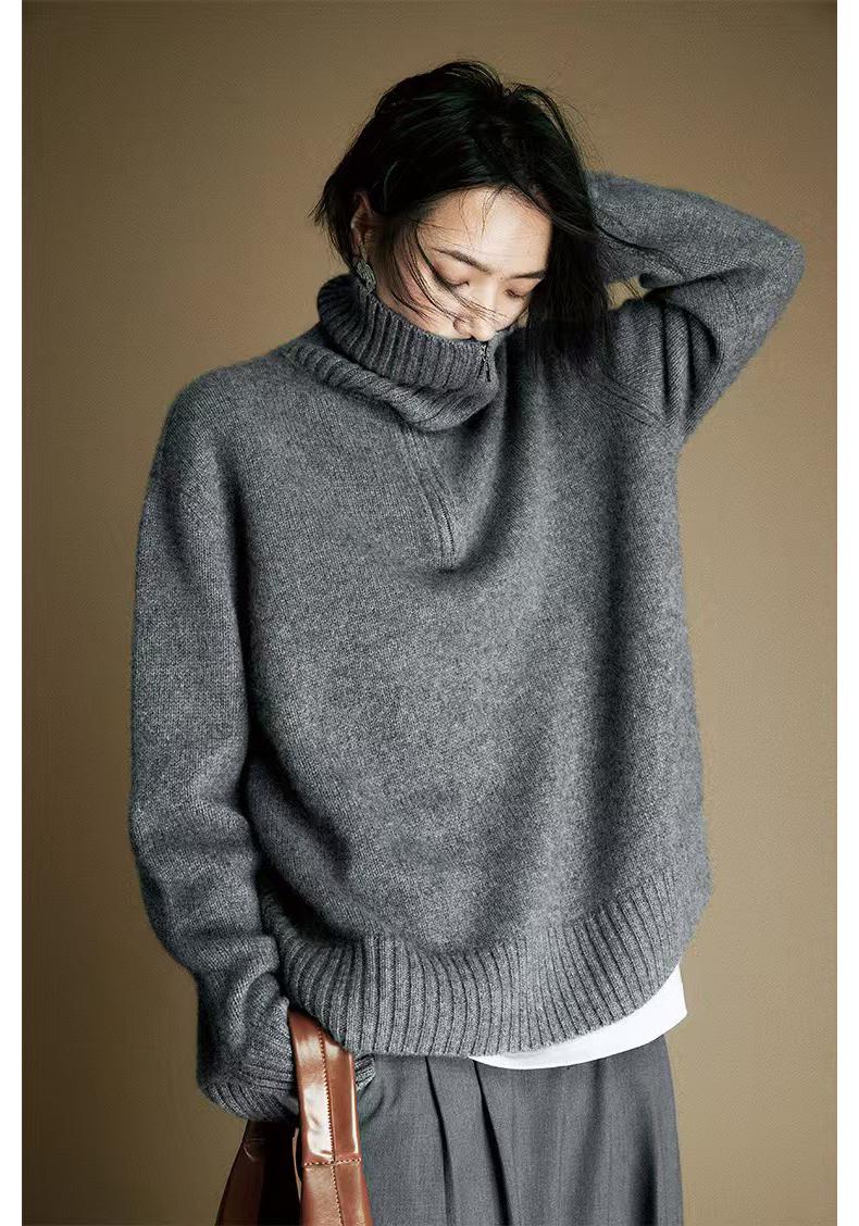 

Women s Retro Half-Zip Wool Sweater - Turn-Down Collar, Loose Knit, Thickened Base Layer for Autumn/Winter L серый