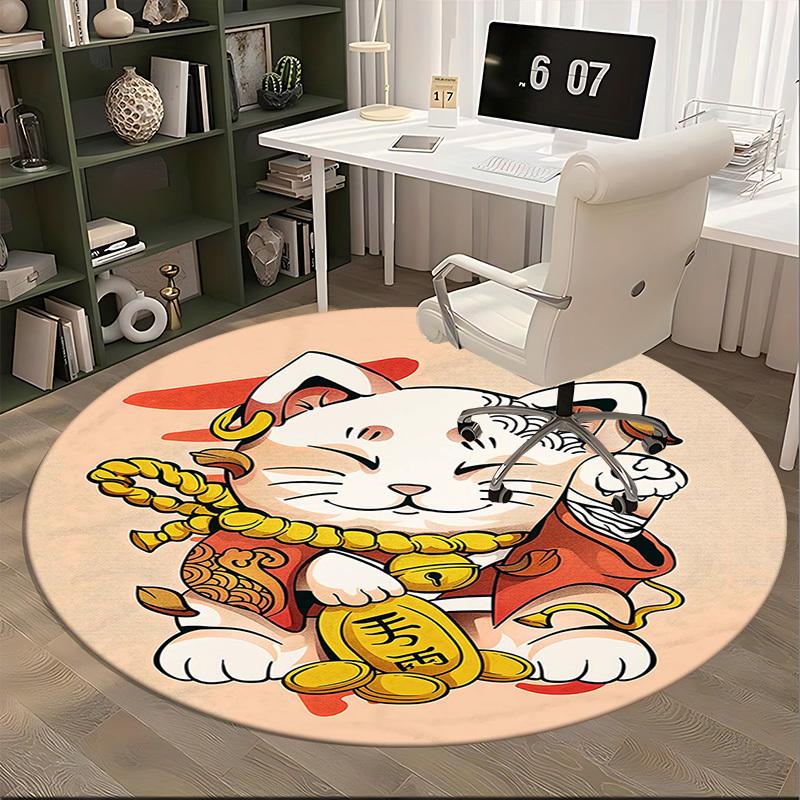 1pc Anime Cat with Gold Coin Round Carpet - Office Chair Mat, Non-Slip Rug for Home Decor, Seasonal Gift, Suitable for Office, Living Room