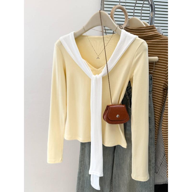 

Sweet and spicy fake two-piece shawl long-sleeved T-shirt for women s autumn slim-fitting and thin inner bottoming shirt v-neck clothes XL