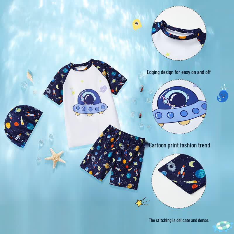 ASK JUNIOR Boys' Cartoon Print Two-Piece Swimsuit Set with Cap