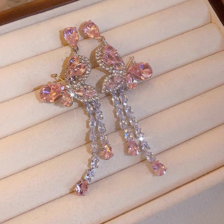 Silver Needle Butterfly Zircon Water Drop Tassel Earrings: Luxurious High-End Studs with Fashionable Precision
