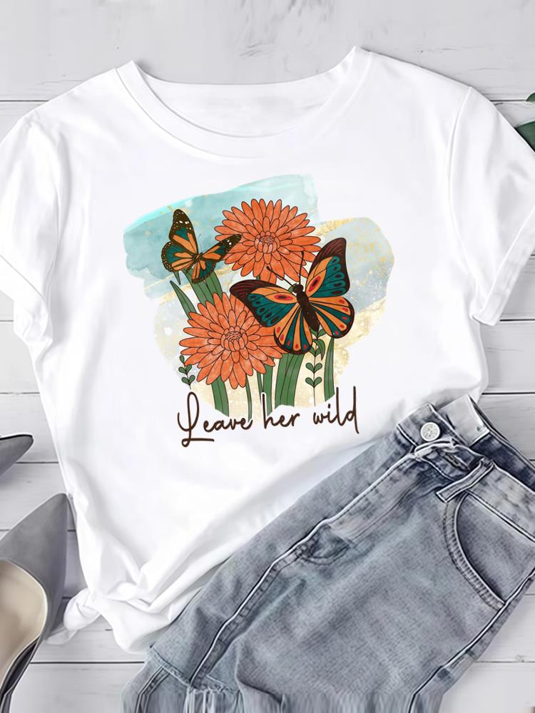 (Asian Size) Clothing T Shirt Women Fashion flower floral cute Tee Top Woman Print Female Short Sleeve Graphic T-shirts