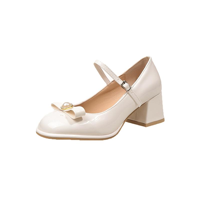 

Fashion Square Heel Single Shoes Summer New Round Toe Shallow Mouth Pearl Bow One Strap Anti-Slip Wear-Resistant High Heels 40 бежевый