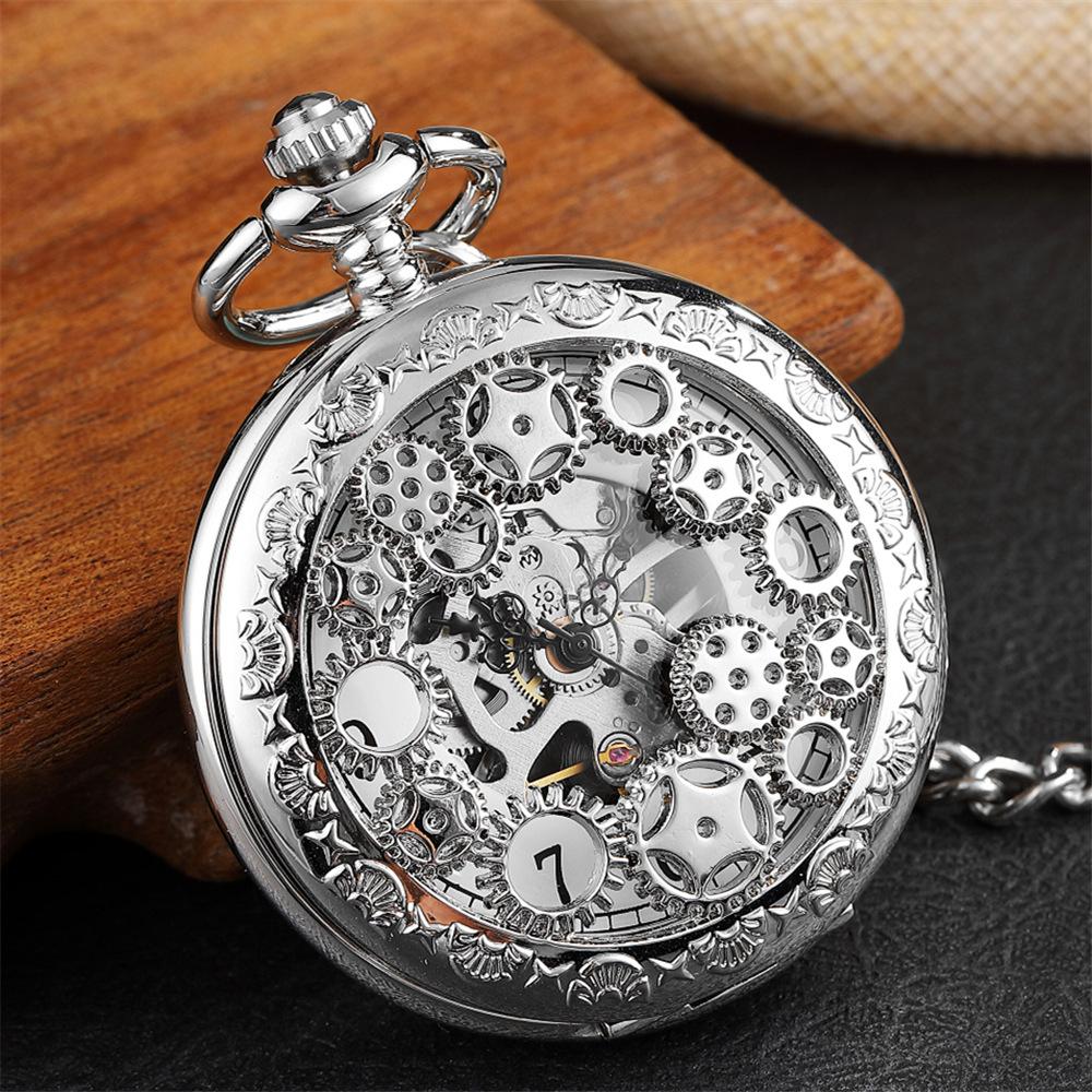 

Gear Gun Черные механические карманные часы Ретро флип полые карманные часы с ожерельем мужские и женские часы