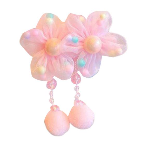 Hair Tie Soft Organza Flower Shape Hair Rope with Plush Tassels Imitation Pearls Decor High Elastic Band Bun Holder Hair Accessories