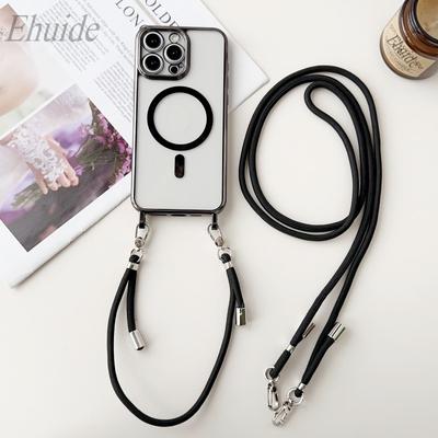 Plating Magnetic Strap Case For iPhone 15 13 12 11 14 16 Pro Max Plus Crossbody Short Long Two Lanyard Necklace Rope Clear Cover