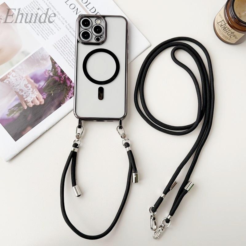 Plating Magnetic Strap Case For iPhone 15 13 12 11 14 16 Pro Max Plus Crossbody Short Long Two Lanyard Necklace Rope Clear Cover
