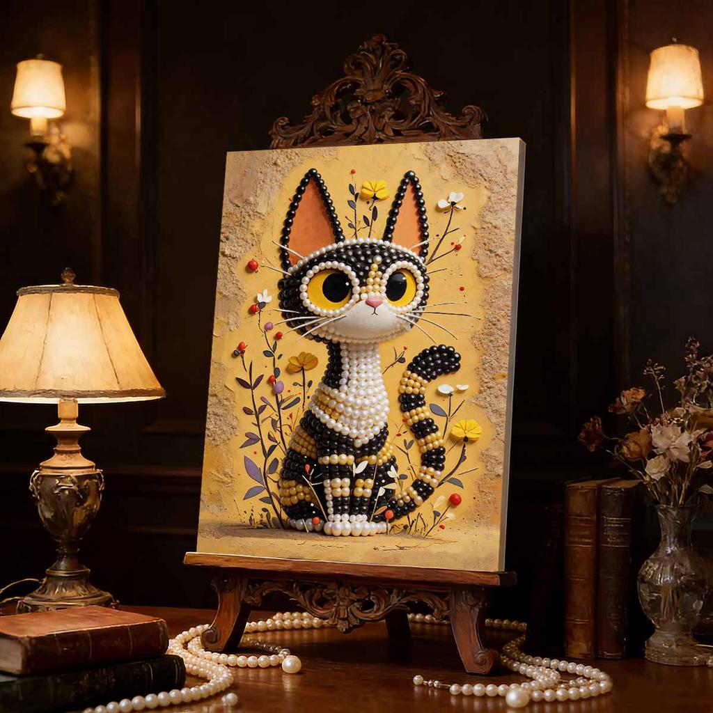 5D DIY Frameless Pearl Painting Cute Cat Pattern Painting Kit Suitable for Home Living Room Bedroom and Other Wall Decoration Art Paintings
