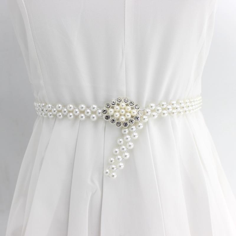 Women'S Rhinestone Pearl Waist Chain Dress Decorative Elastic Belt Women'S Sweet Flower Elastic Waist Seal
