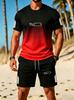 Men's Casual Sportswear Set, Gradient Color Block T-Shirt + Elastic Drawstring Shorts, 2pcs Set with Fun Battery Level Parody Print