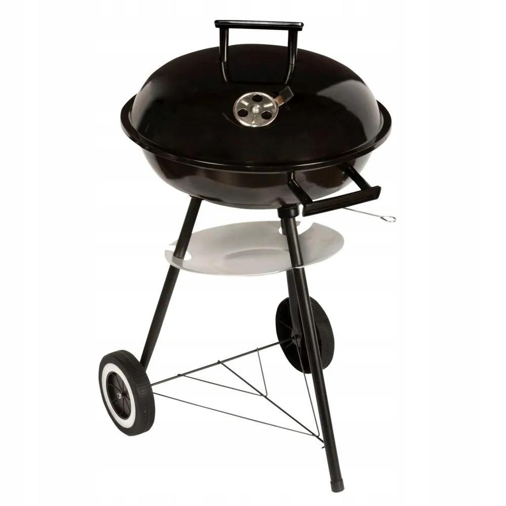 Charcoal kettle grill with shelf, wheels and lid