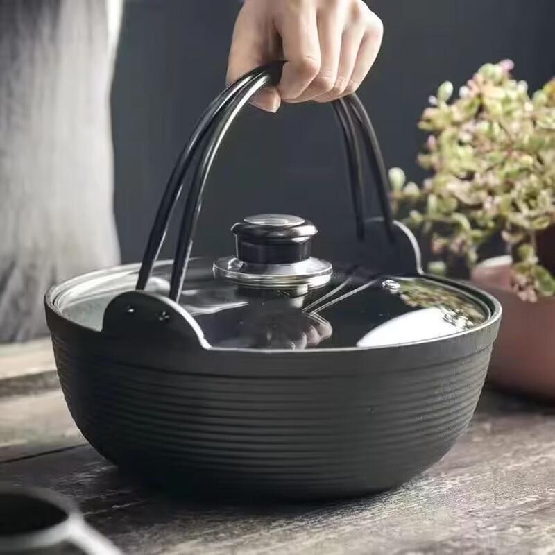 Wutuo Uncoated Cast Iron Sukiyaki Stew Pot with Glass Lid
