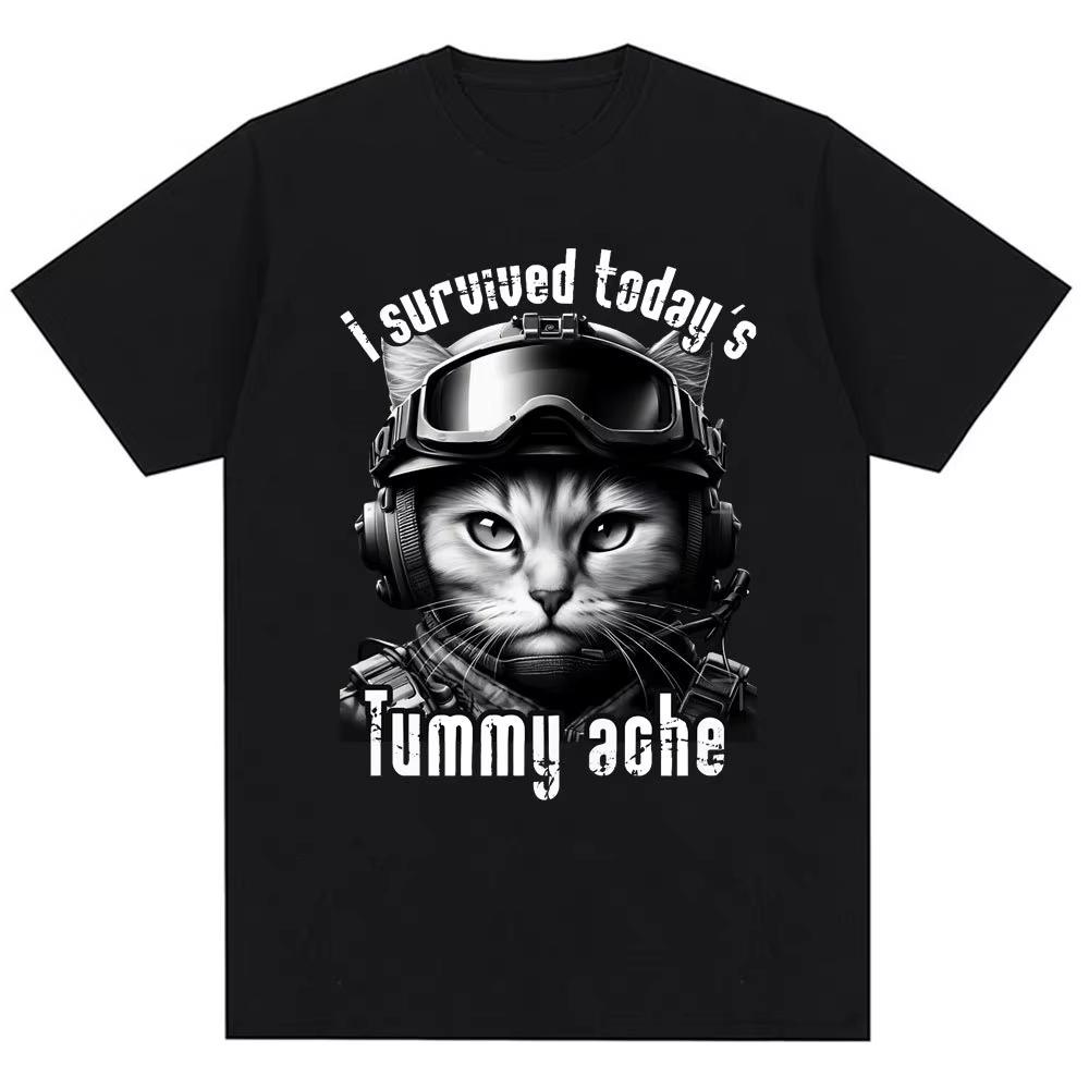 Thousand Yard Stare Cat Funny I Survived Meme Tshirt Humor Style Vintage T Shirt Men Women Oversized Casual Streetwear Daily