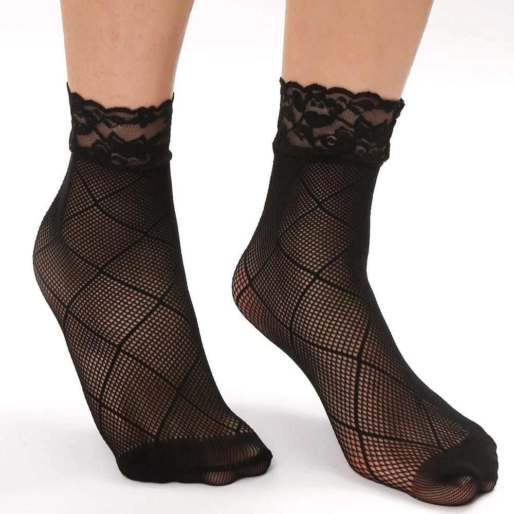 Neue Damen Sexy Sommer Kurze Über Knöchel Bootssocken Netz Mesh Schwarz Floral Spitze Patchwork Atmungsaktiv Hohl Nylon Strumpfwaren
