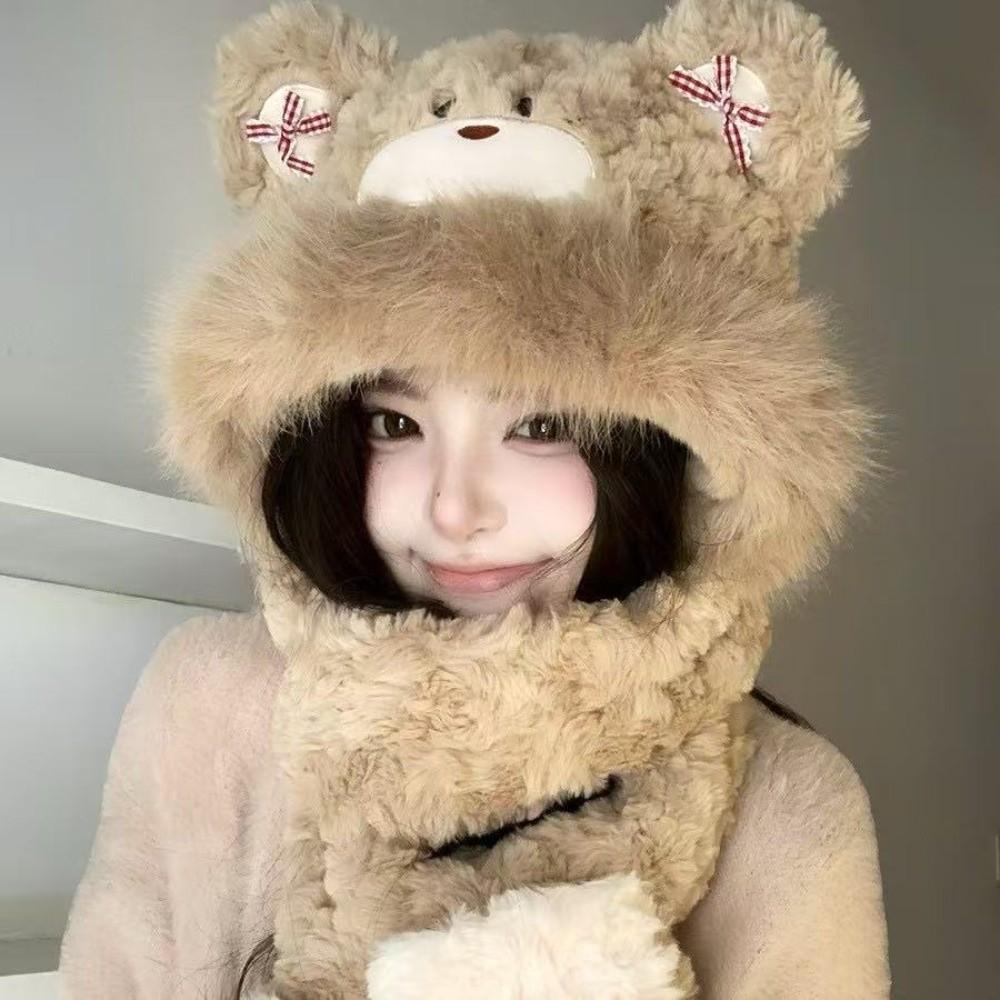 Windproof Gloves Scarf Hat 3-in-1 Winter Plush Scarf NEW Little Bear Hooded Scarf Autumn Winter