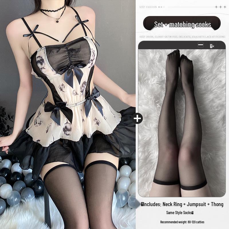 Sensual Ink Print Bandeau Nightgown - See-Through Quick-Release Lingerie Set