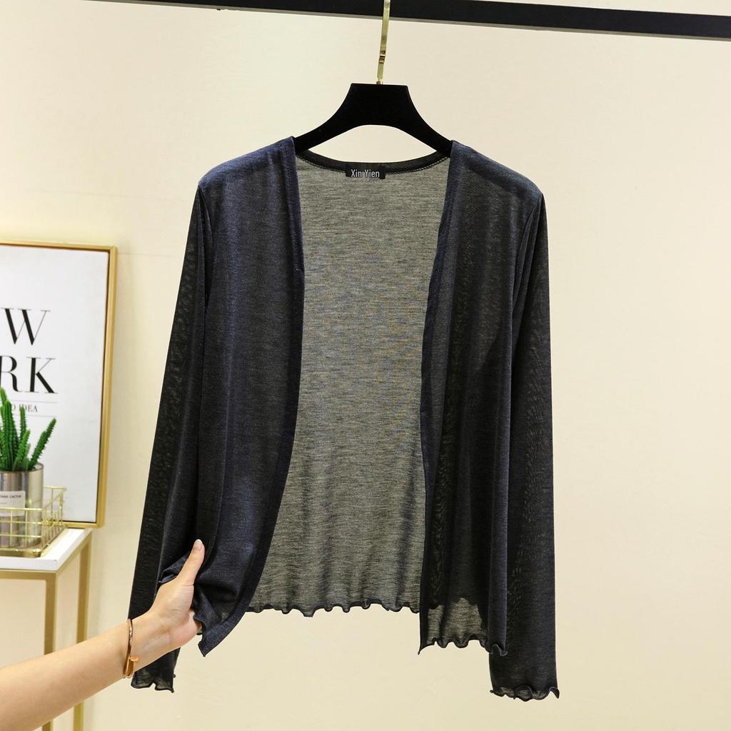 Dámský lehký kardiganový šál s dlouhým rukávem na jaro/léto 2025 - Slim pletená klimatizační bunda