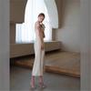 Single shoulder bow split long dress feeling banquet dress niche design elegant dress