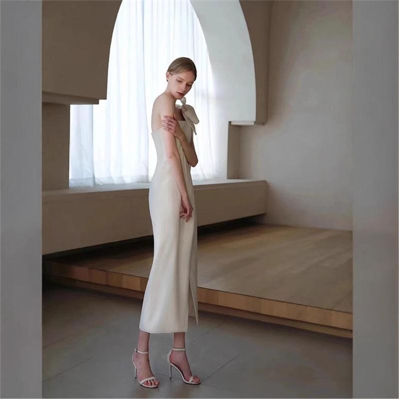 Single shoulder bow split long dress feeling banquet dress niche design elegant dress