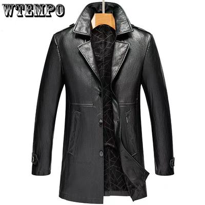 Herren Lang Business Casual Leder Windbreaker Herbst und Winter Gepolsterter Warmer Anzugkragen Lederjacke Mantel