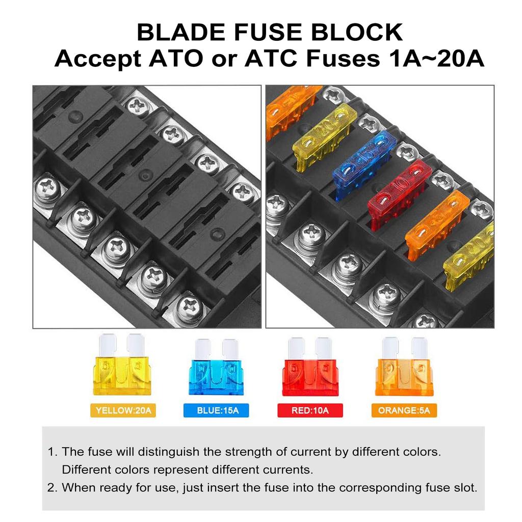 Blok bezpieczników 12-drożny, Anody dodatnie i ujemne 12V 32V Uchwyt bezpieczników płytkowych ATC ATO Standardowa skrzynka bezpiecznikowa z naklejkami etykietowymi