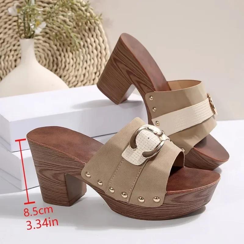 2025 New Women Thick-Soled Slippers Fashion Rivets Luxurious Design Sandals Summer Casual Open-Toe Wood-soled High Heels Zapatos