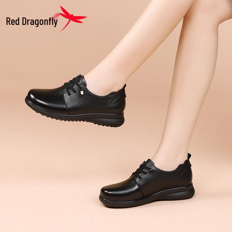 Red Dragonfly Women's Genuine Leather Flat Casual Shoes - Soft Sole Cowhide Mother’s Spring Work Shoes