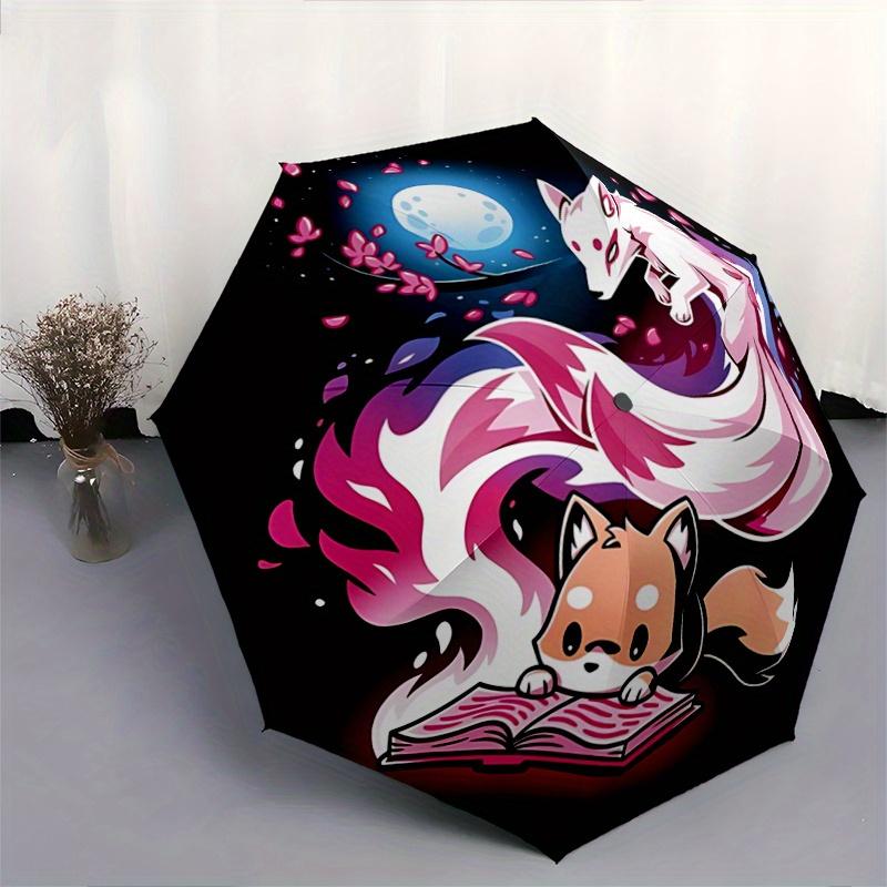 1pc Fox Reading Book with Cherry Blossoms Cartoon Umbrella, Portable 3-Fold Compact Umbrella, Suitable for Camping, Hiking and Travel, Ideal