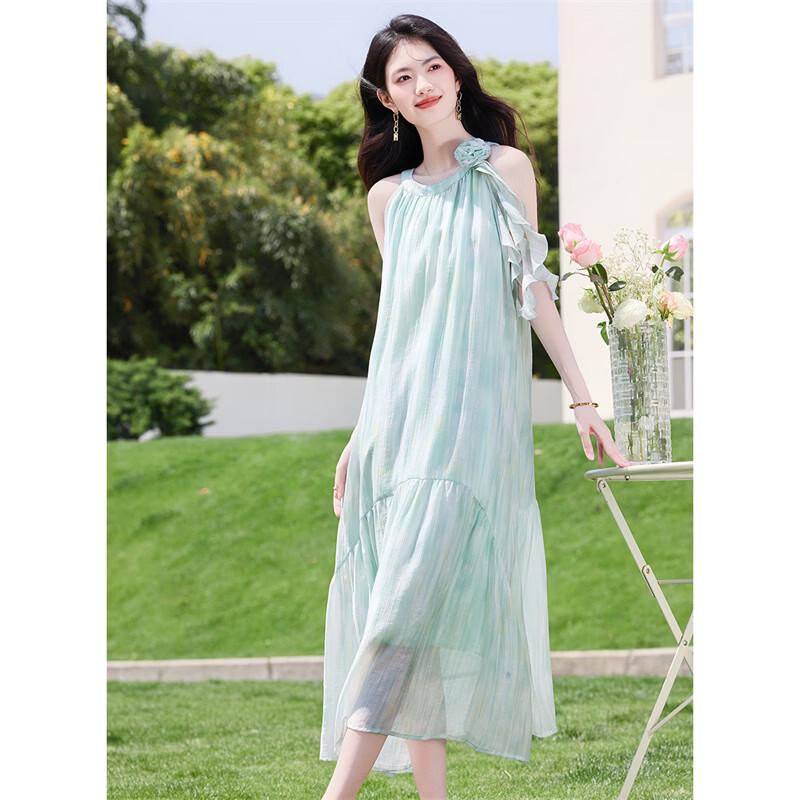 Flowy French Style Lyocell Blend Halter Maxi Dress L