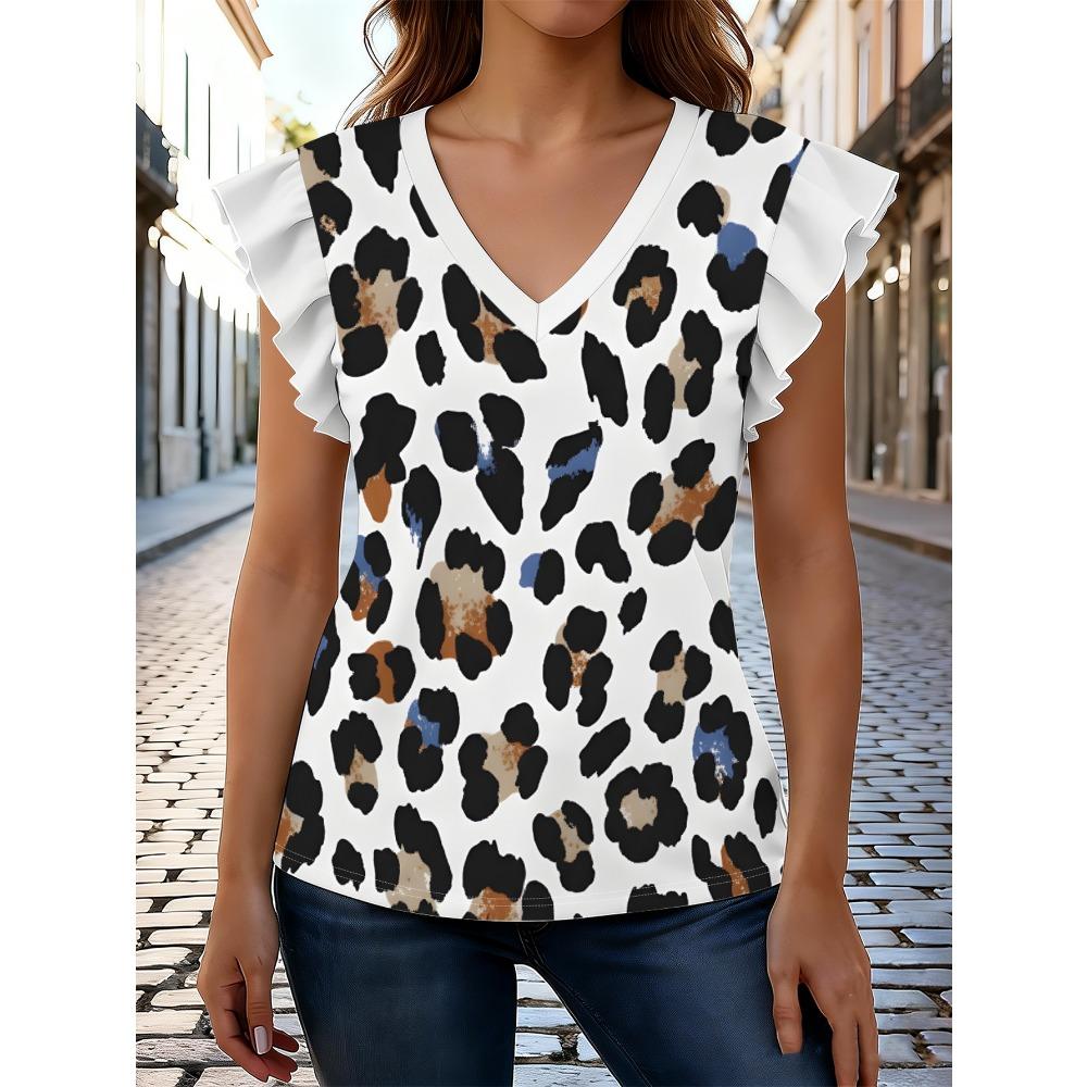 High-quality Women s Full-body Printed V-neck Top with Blue-brown Leopard Print Pattern S