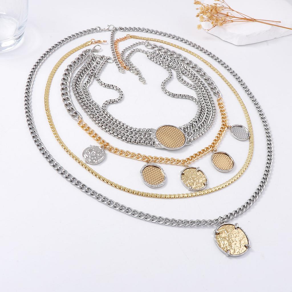 Personality Trend Light Luxury Premium Design Sense Multi-layer Chain Alloy Geometric Badge Coin Pendant Necklace