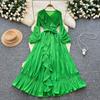 French Celebrity Pleated V-neck Long-sleeved Lace-up Ruffle Edge Waist Dress Women's Elegant Big Swing Dress