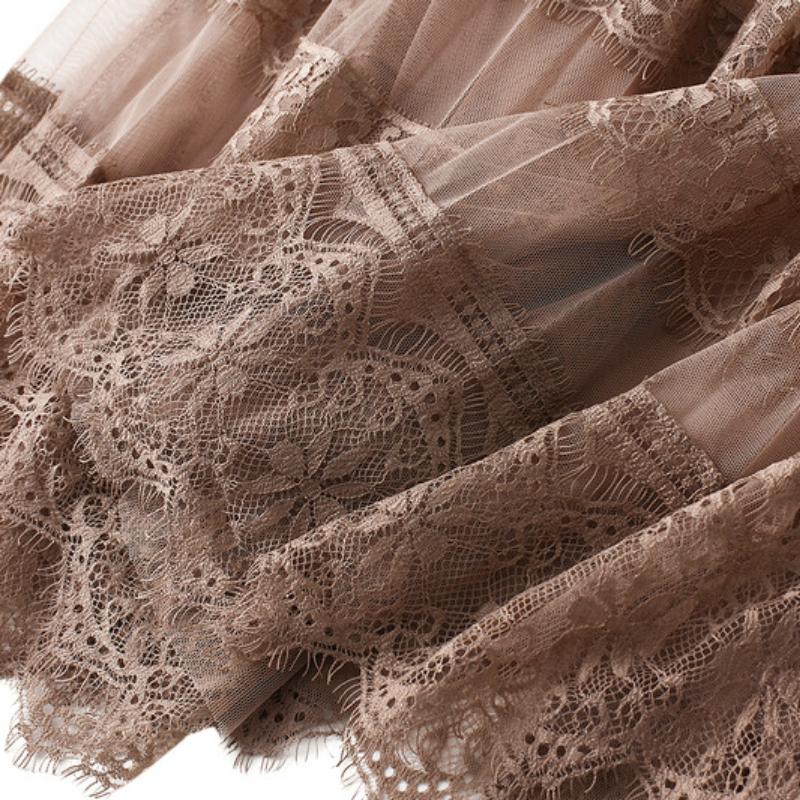 Korean Version of The High-waist Lace Stitching Mesh Skirt Women's Pleated Skirt A-line Mid-length Skirts