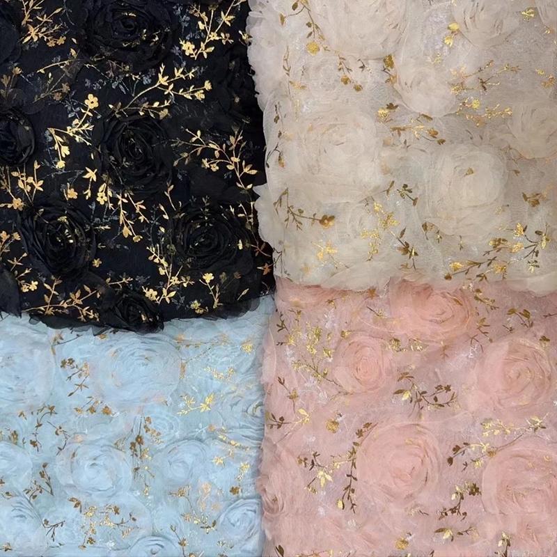 1 Yards 3D Lace Rose Flower Embroidery Hot Stamping Tull Lace Fabric For Diy Sewing Apparel Wedding Dress Performance Costume