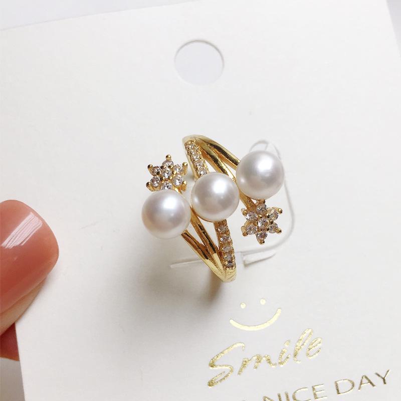 

Natural Freshwater Pearl Ring: 925 Sterling Silver, Multi-Pearl Design Adjustable Open золотой