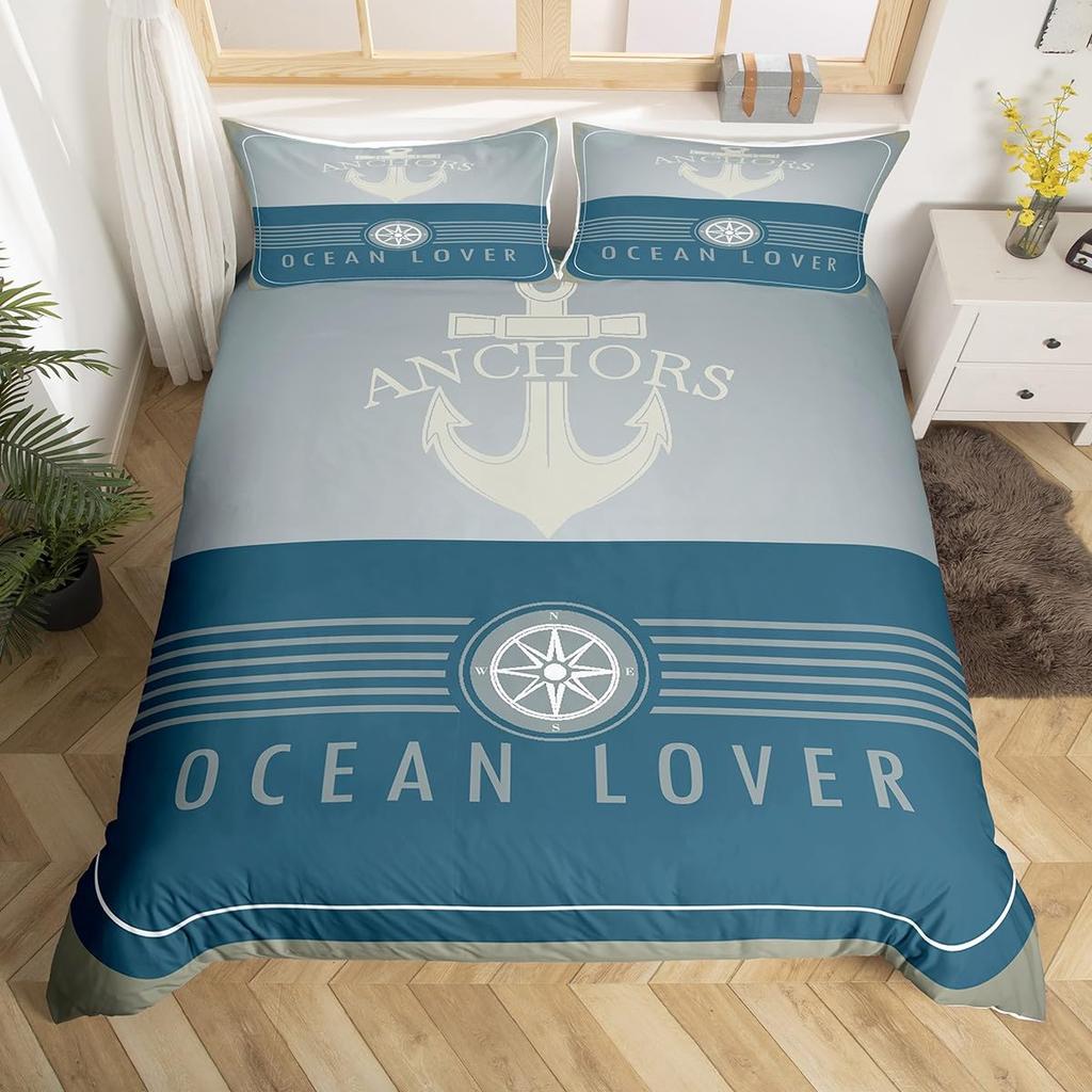 Anchor Compas Soft Duvet Cover Nautical Warm Comforter Cover Ful King Geometric Stripes Beding Set Coastal Adventure Theme Comfortable Quilt Cover