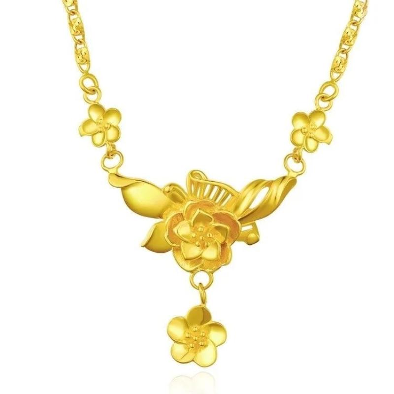 Luxury Pure Gold Real Gold Rose Three Raw Flower Necklace Women's One-piece Chain Rose Tassel Clavicle Chain