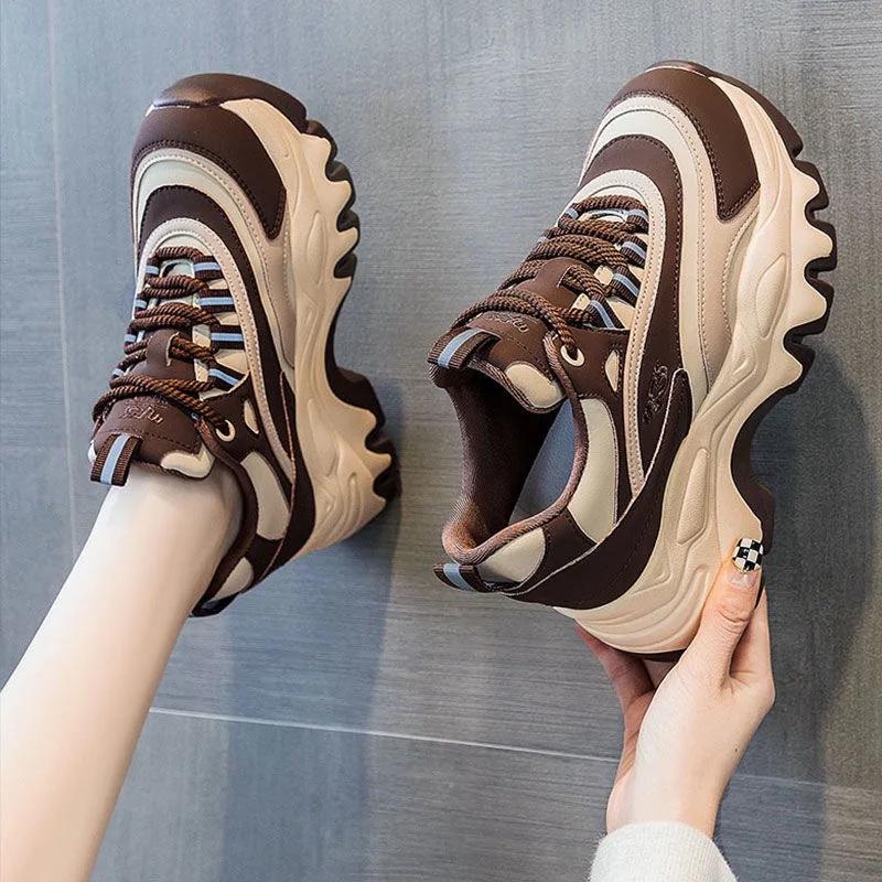 Women's Sneakers Fashion Leather Casual Shoes 7cm Height Increasing Sports Shoes for Women Lace Up Platform Shoes Zapatos Mujer