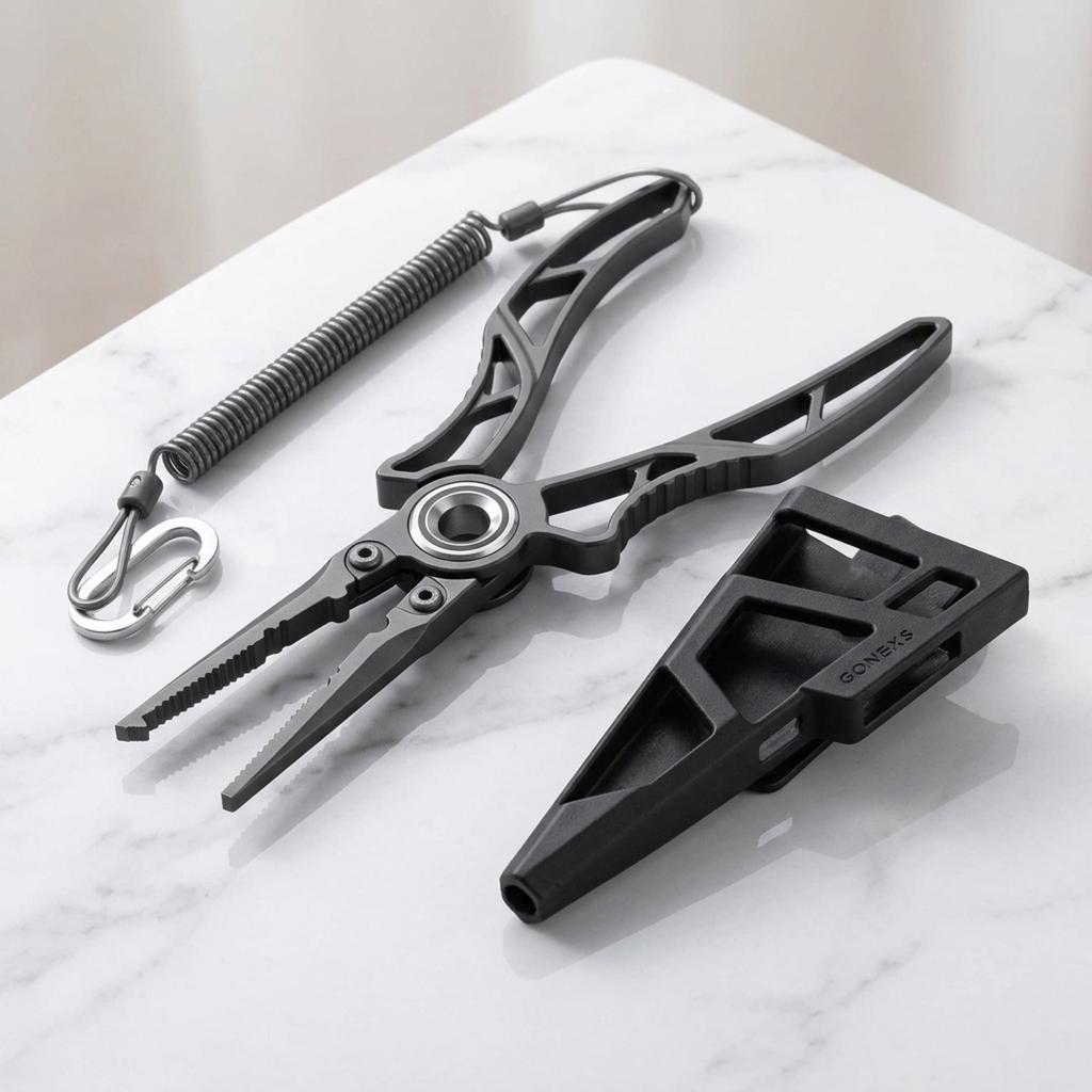 GOMEXUS SUS7-TN 17-4PH Stainless Steel Fishing Pliers Long Nose Split Ring 1- 5 Line Cutter with Case Carabiner Rope Saltwater Freshwater