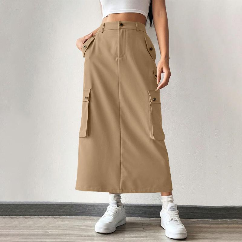 

ZANZEA Женская мода Высокая талия Карман Свободные прямые юбки XL хаки