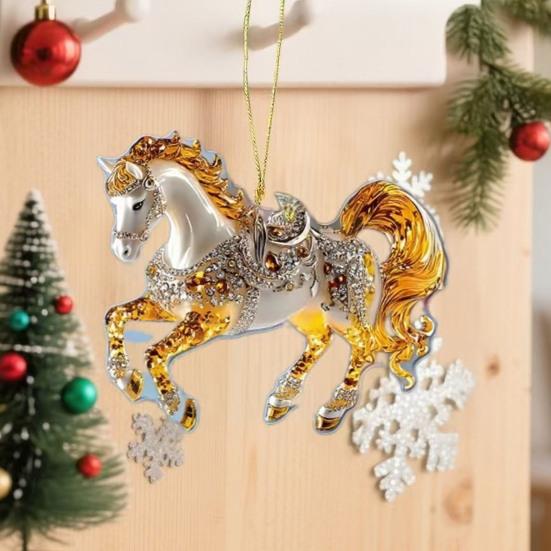Horse Christmas Ornaments Glitter Rhinestone Horse Christmas Tree Hanging Ornament 2D Flat Acrylic Car Rear View Mirror Charm for Holiday Home Decor