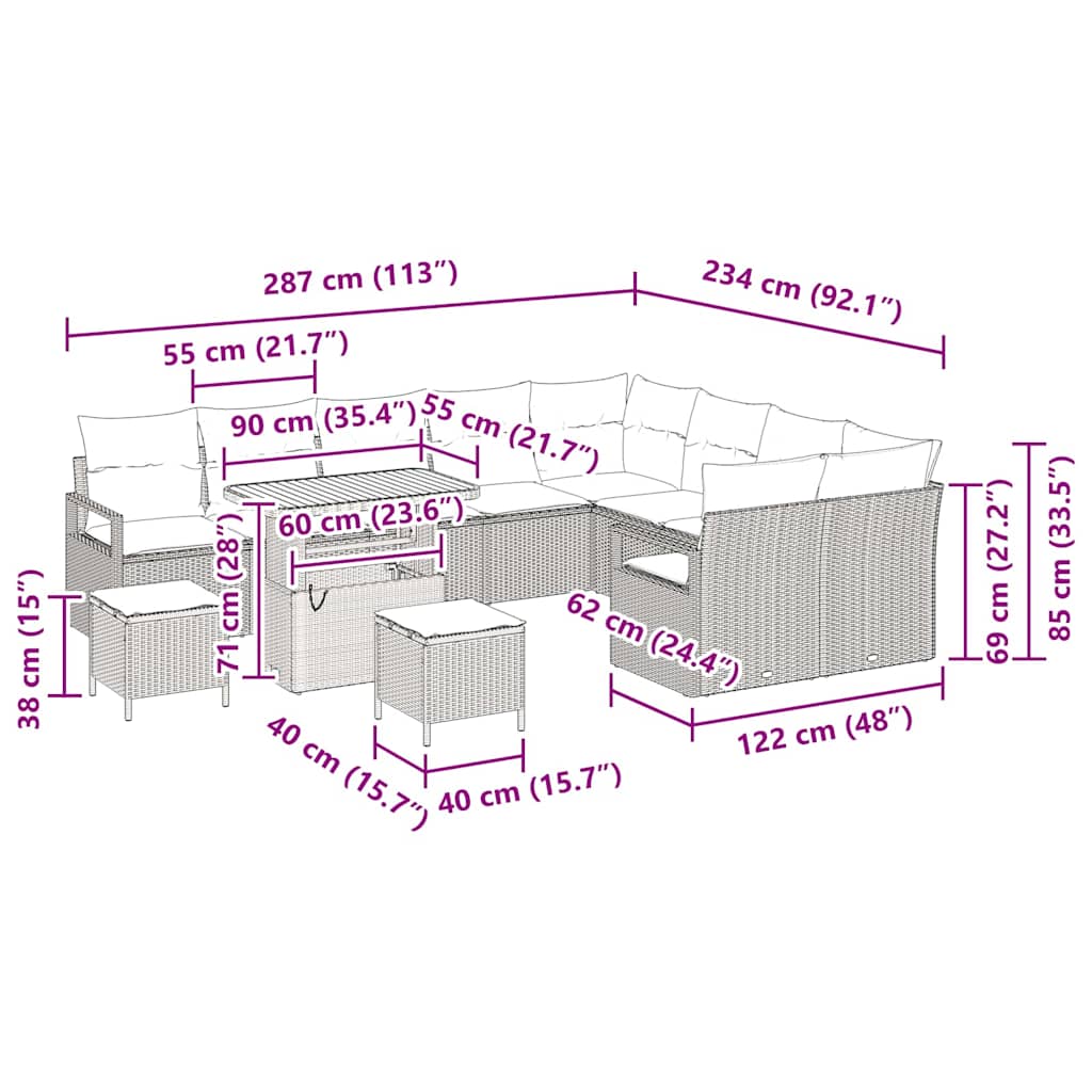 Garden Sofa Set with Cushions 12 pcs Black Poly Rattan