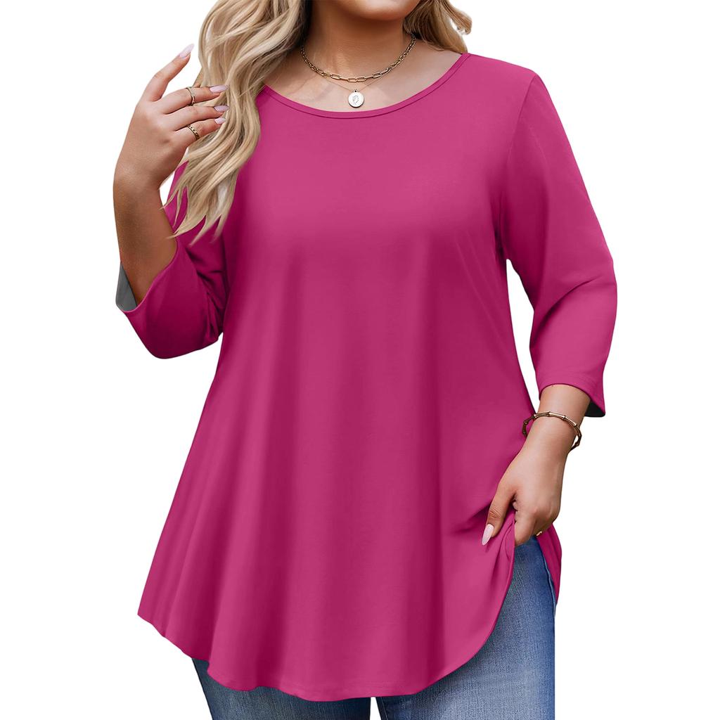 Women’s Plus Size 3/4 Sleeve Tunic Top Loose Fit Round Neck Casual Basic Blouse Soft Lightweight Fabric Comfortable Design