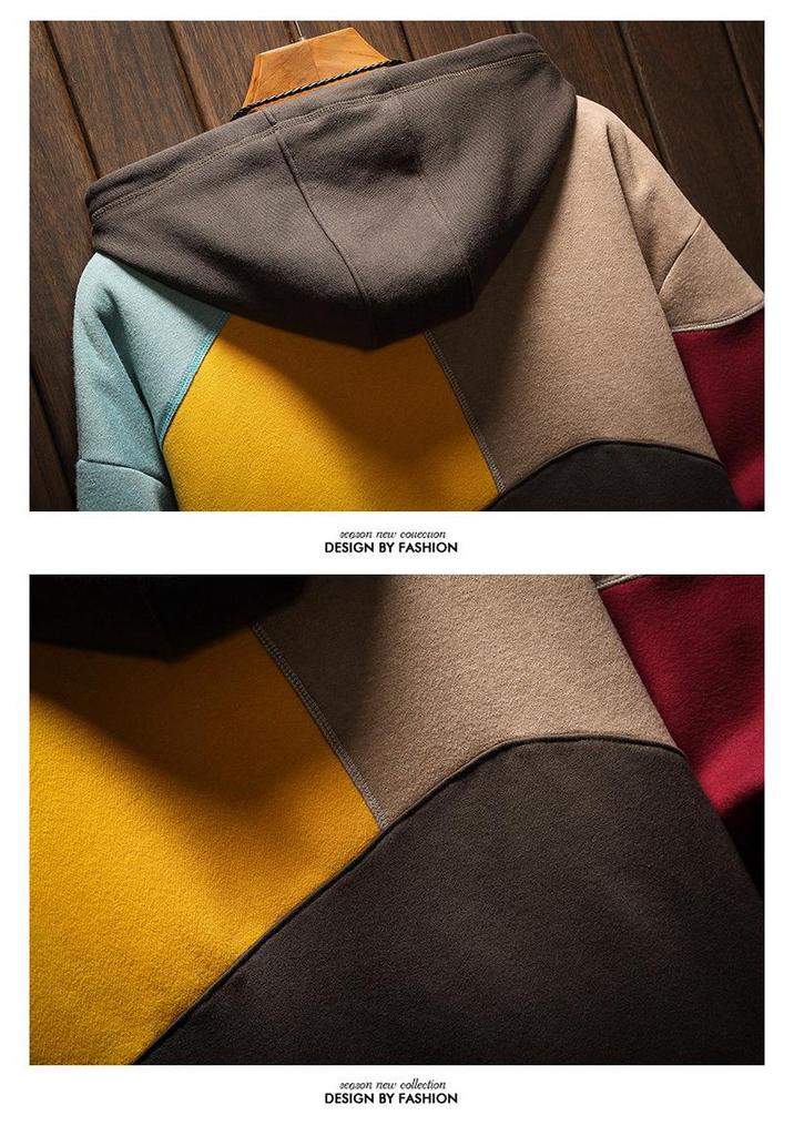 Men's Autumn/Winter Patchwork Color Block Hoodie – Plus Velvet Casual Top for Teens & Couples