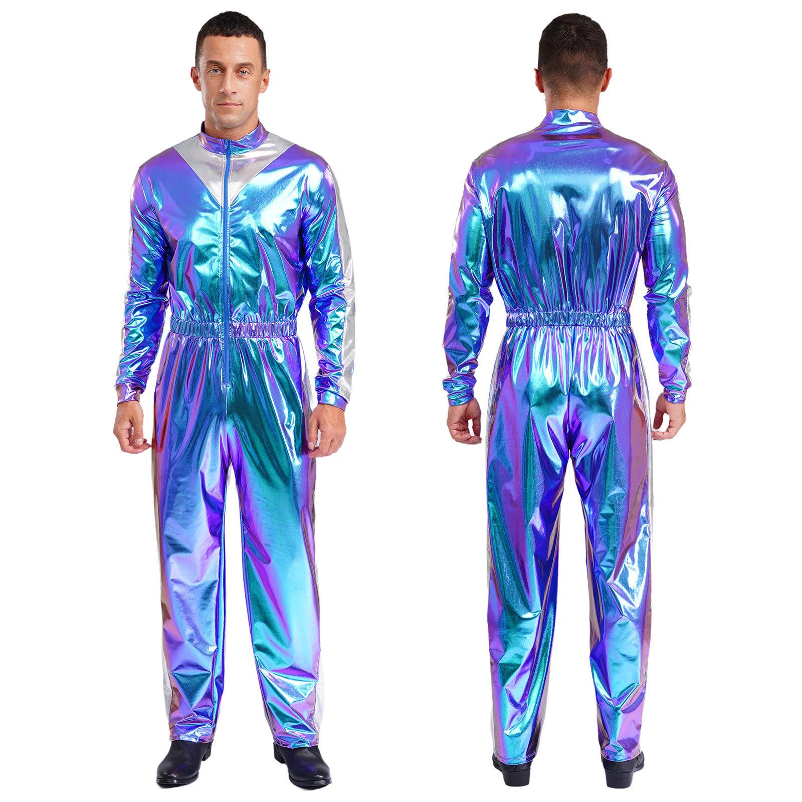 

Men Sparkly Shiny Bodysuit Long Sleeves Elastic Waist Color Block Long Jumpsuit Party Club Wear XL синій