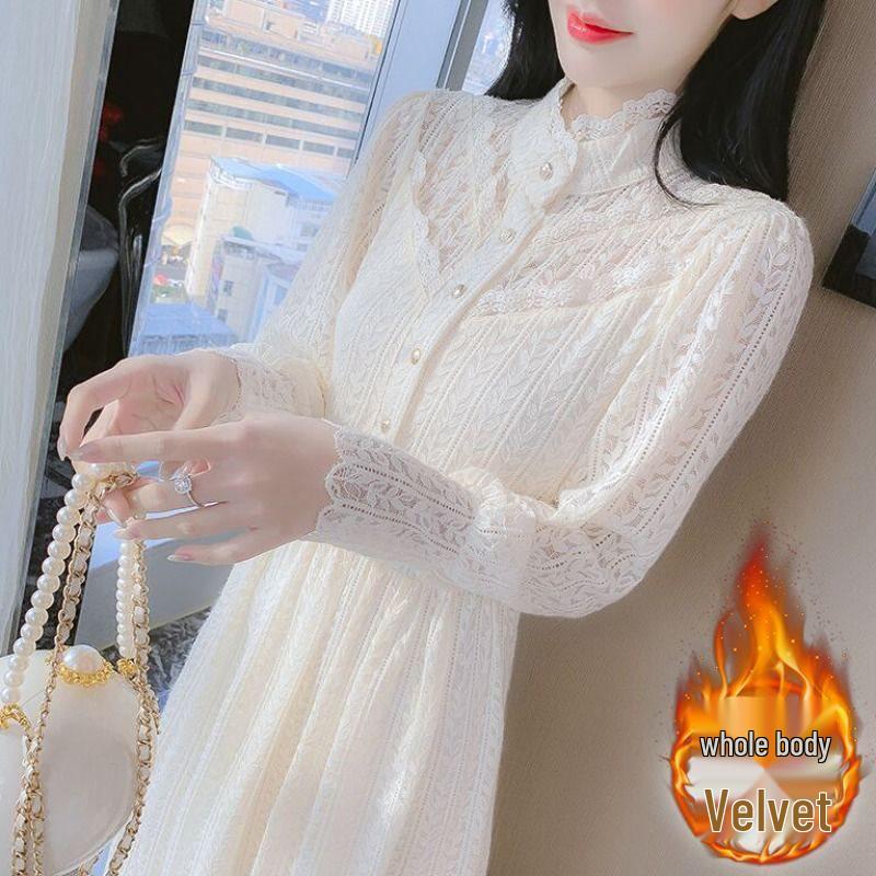 Women's Winter Lace Dress: Velvet, Thick, Elegant for Autumn/Winter 2025