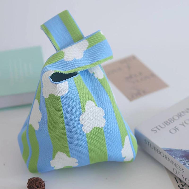 Przenośna Mini Pasiasta Torba Tote Ręcznie Robiona Dzianinowa Torba Damska Węzeł na Nadgarstek Torba Wiaderko na Telefon Duża Pojemność Jesień Zima Torebki